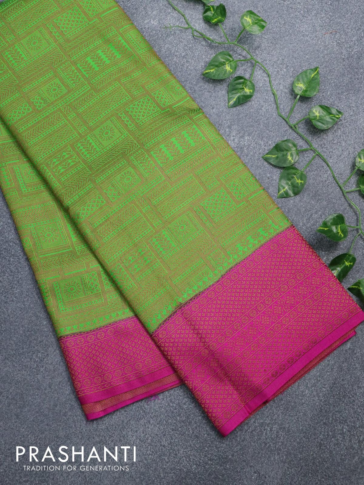 Banarasi semi silk saree green and magenta pink with allover weaves and woven border