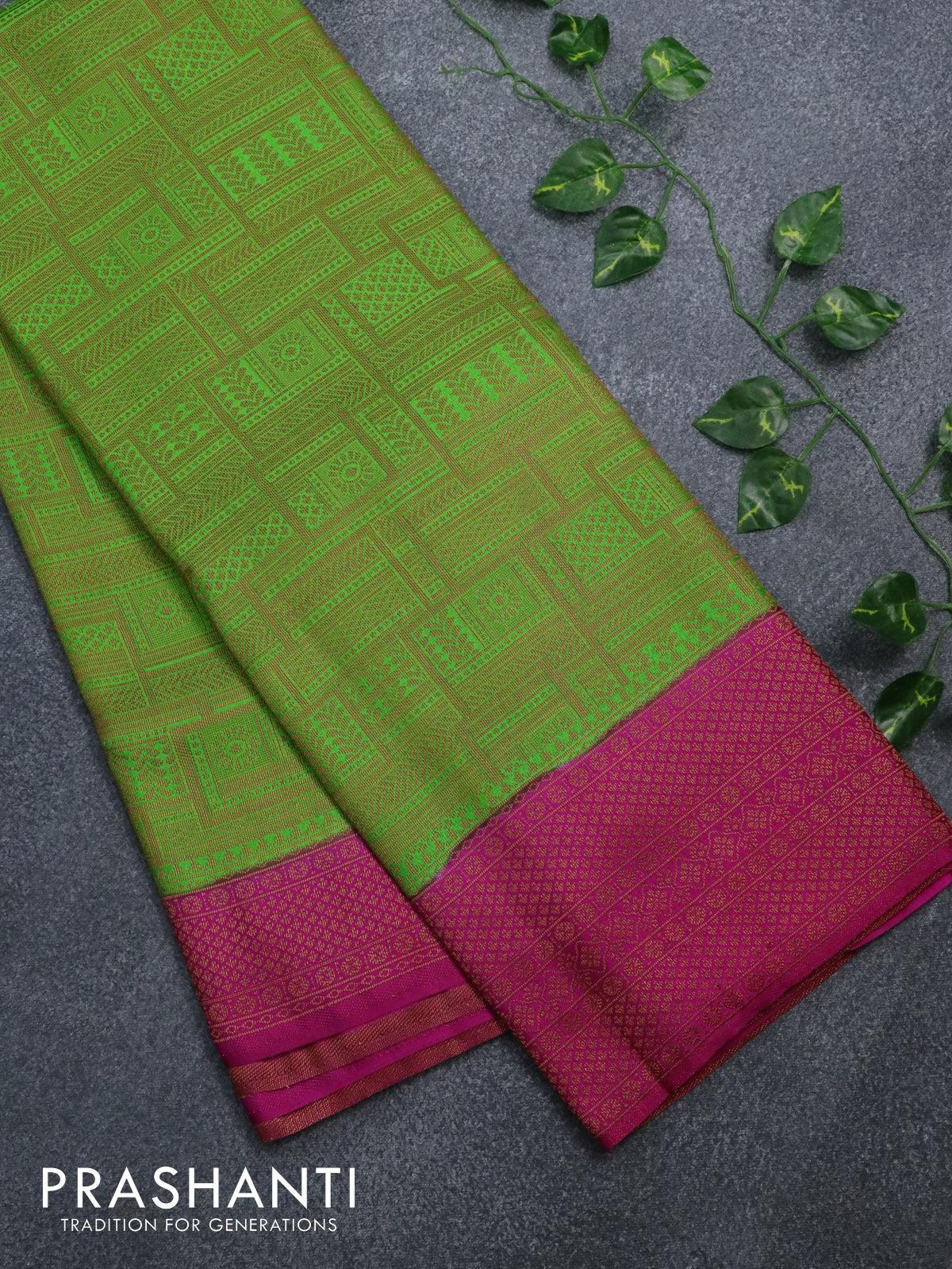 Banarasi semi silk saree parrot green and magenta pink with allover weaves and woven border