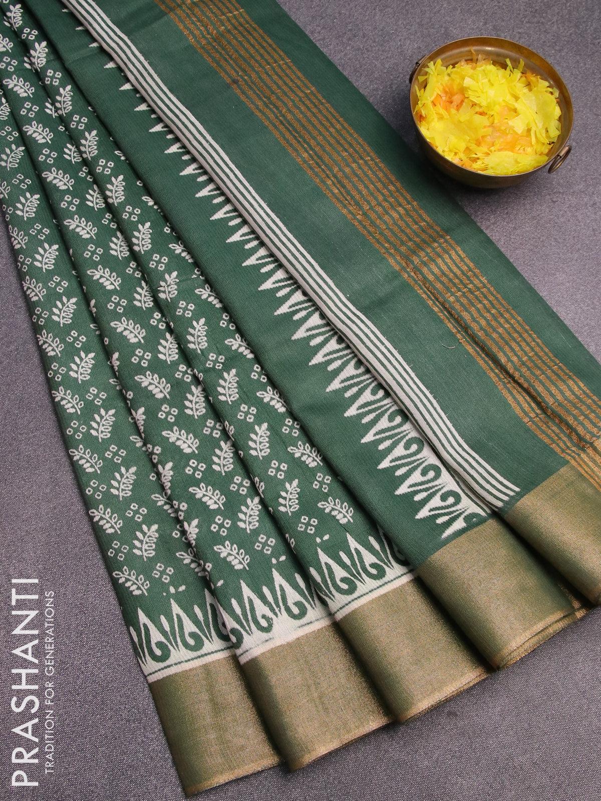 Bhagalpuri saree dark green with allover prints and zari woven border