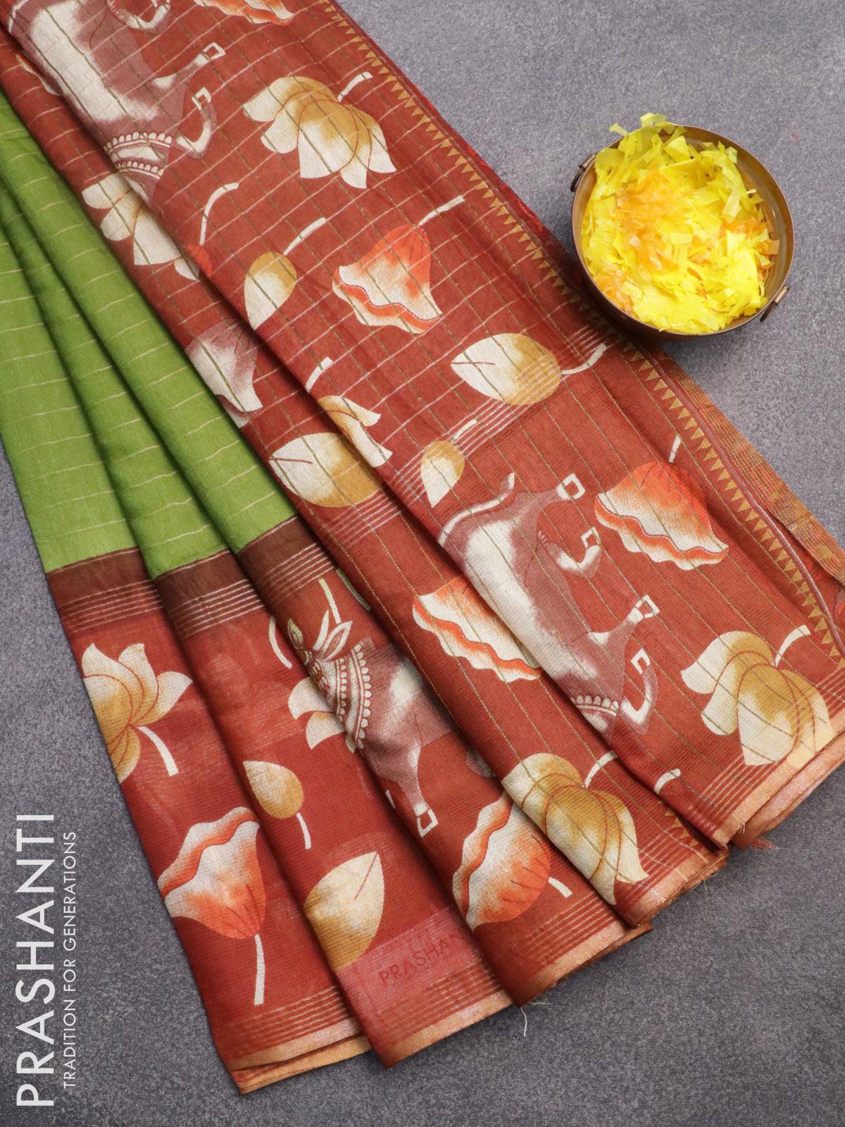 Bhagalpuri saree light green and rust shade with allover zari woven stripes pattern and pichwai printed border