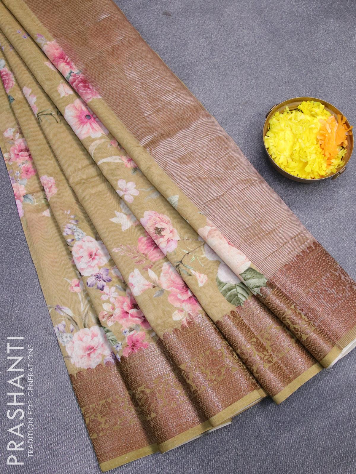 Chanderi silk cotton saree elaichi green with allover floral digital prints and woven border