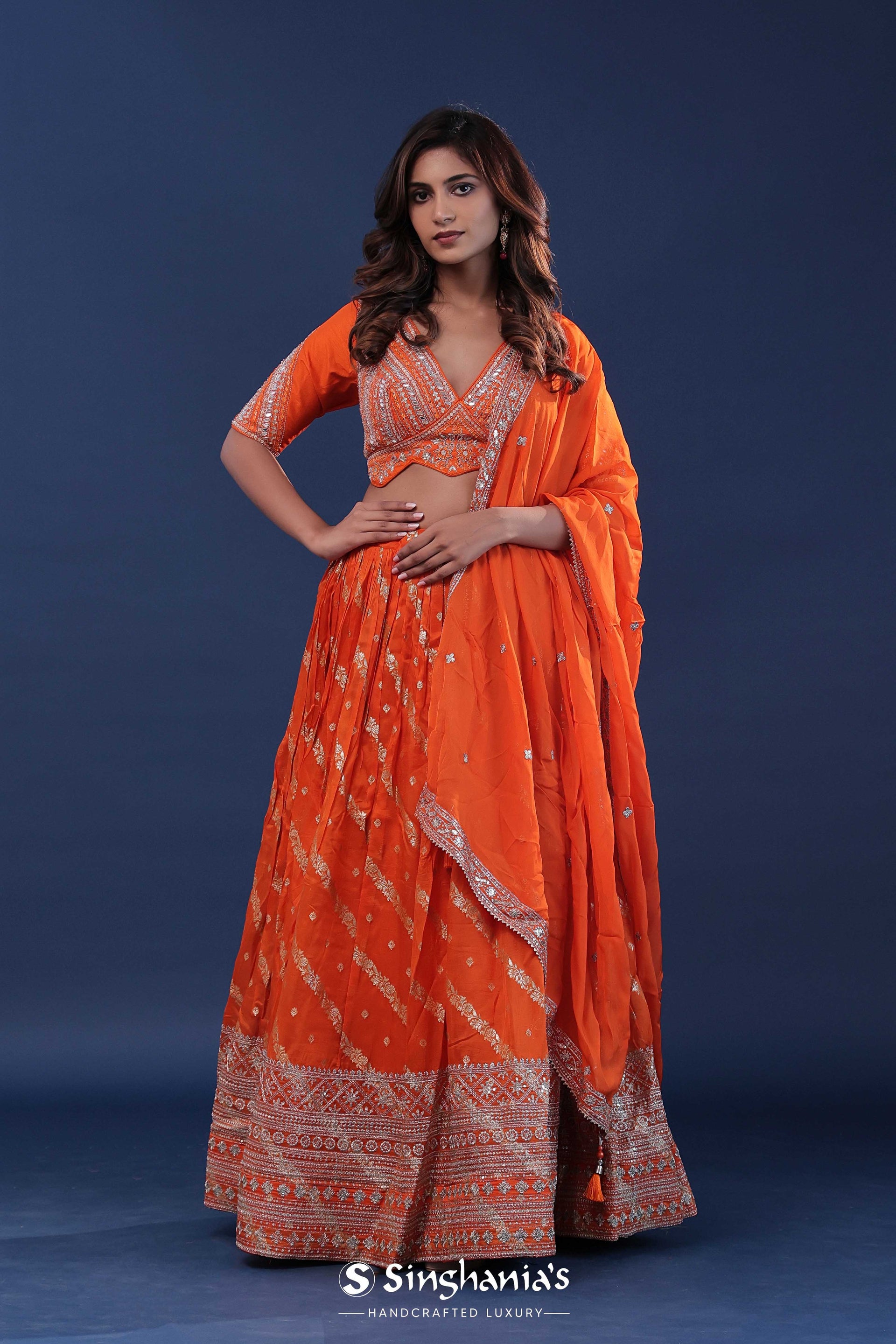 Orange Organza Lehenga Set With Silk Dupatta