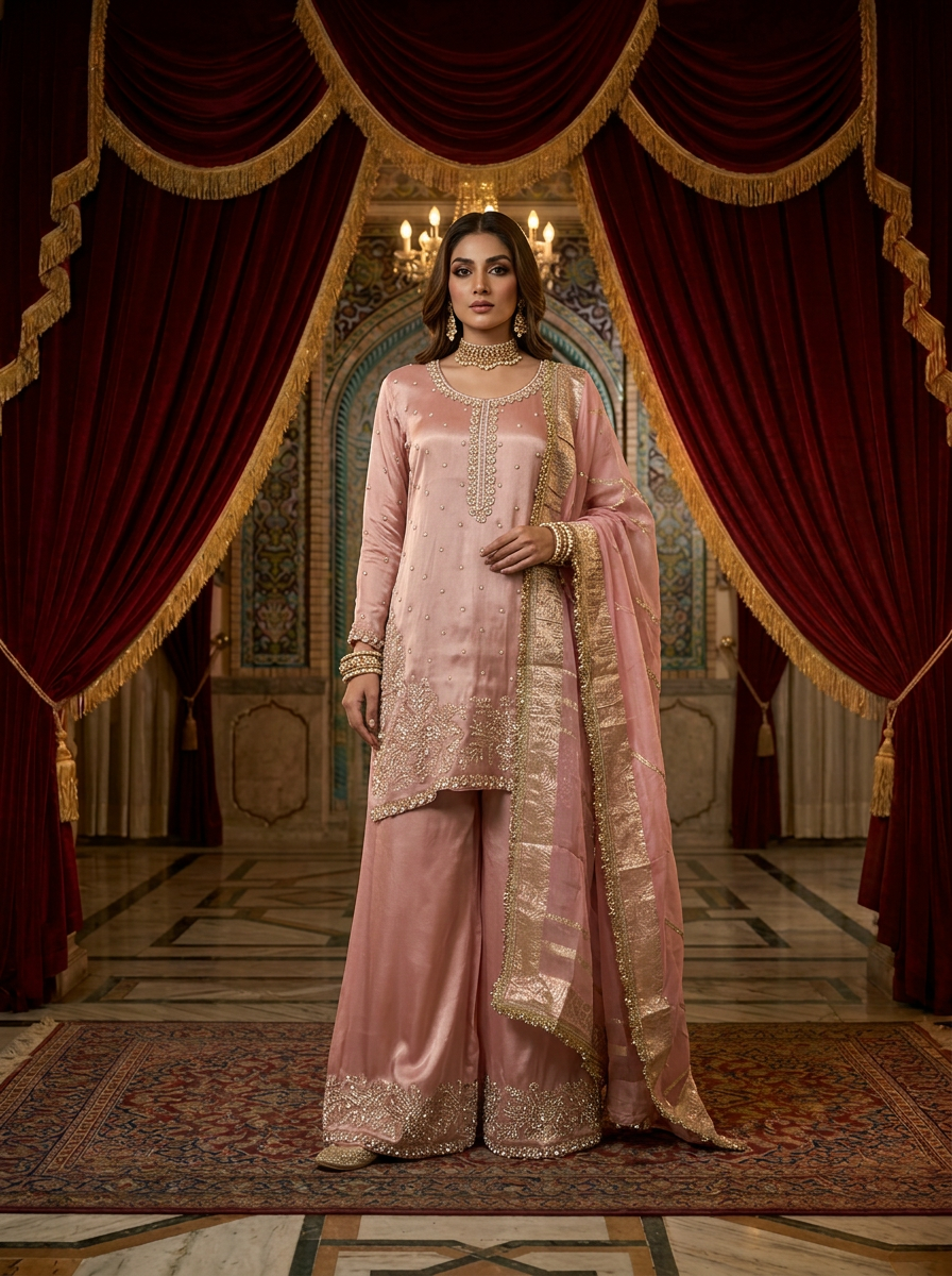Baby Pink Tissue Beads Embroidery Palazzo Set With Dupatta