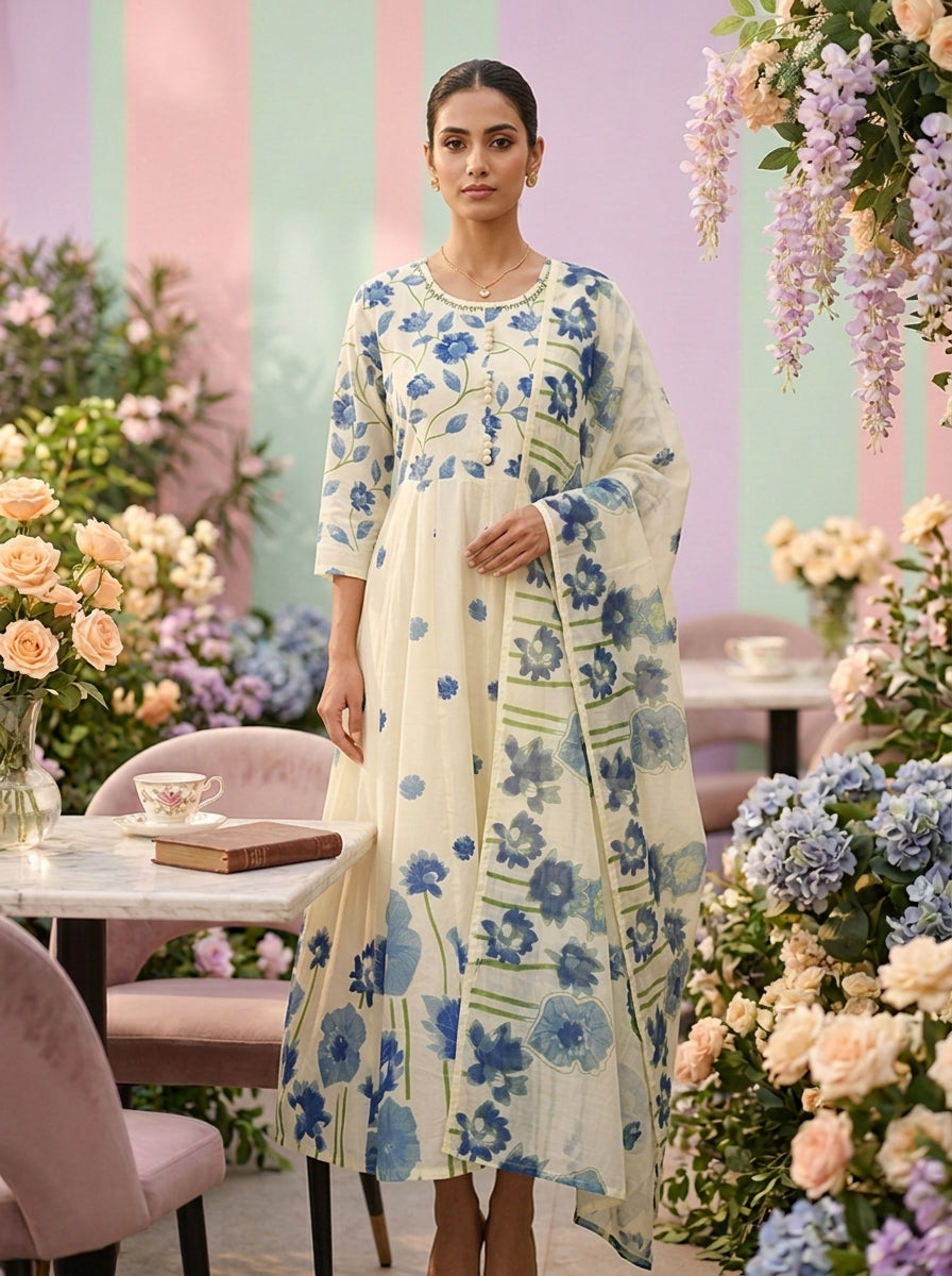 Blue Cotton Floral Printed Three Piece Set