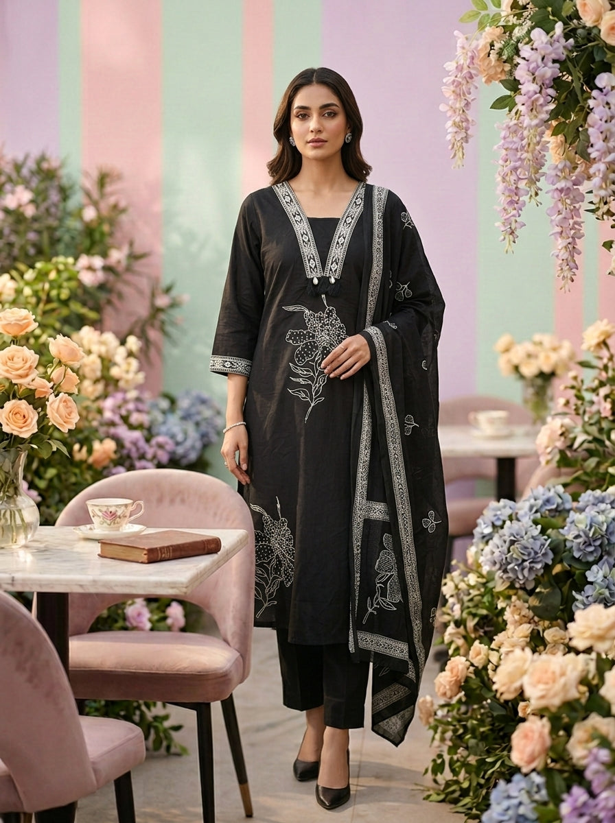 Black Cotton Three Piece Set