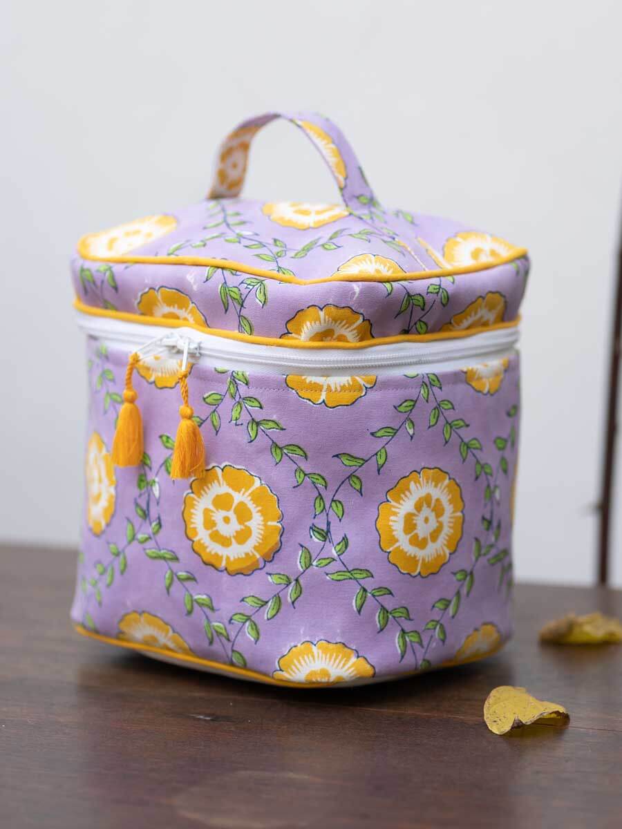 Iris Block Printed Cotton Travel Vanity Case