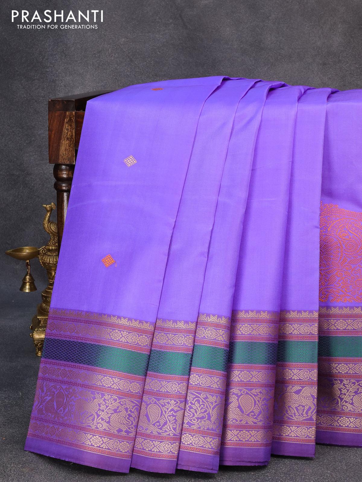 Pure kanjivaram silk saree blue and deep violet with thread woven buttas and long thread woven border zero zari