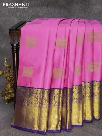 Pure kanjivaram silk saree light pink and blue with zari woven buttas and long zari woven border