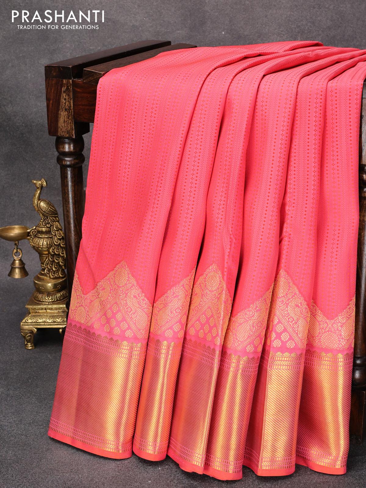 Pure kanjivaram silk saree peach pink with allover self emboss and long zari woven border Self emboss