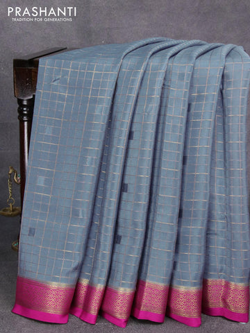 Pure mysore silk saree grey and pink with allover zari checked pattern and zari woven border