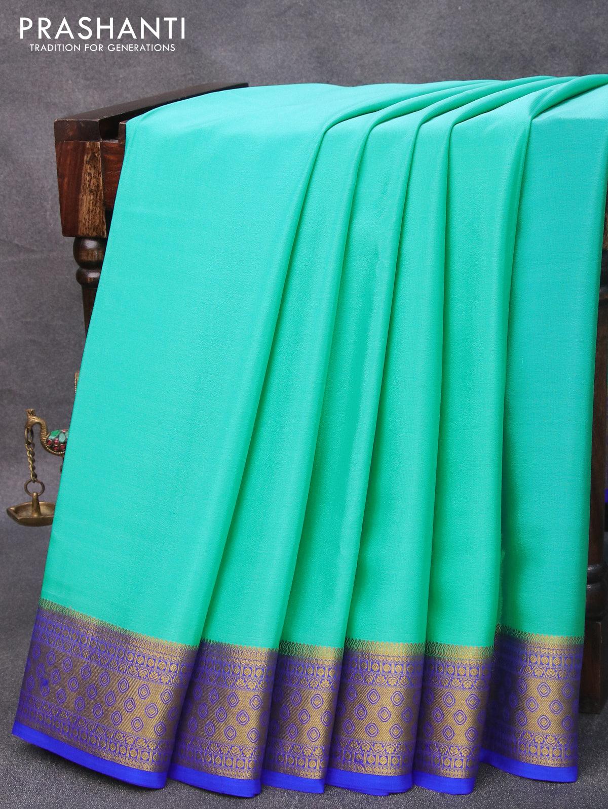 Pure mysore silk saree teal blue and royal blue with plain body and zari woven border