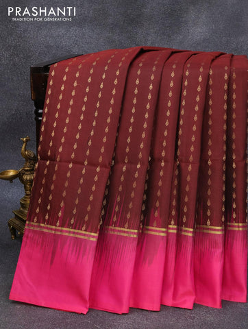 Pure soft silk saree deep maroon and pink with allover zari woven butta weaves and zari woven simple border