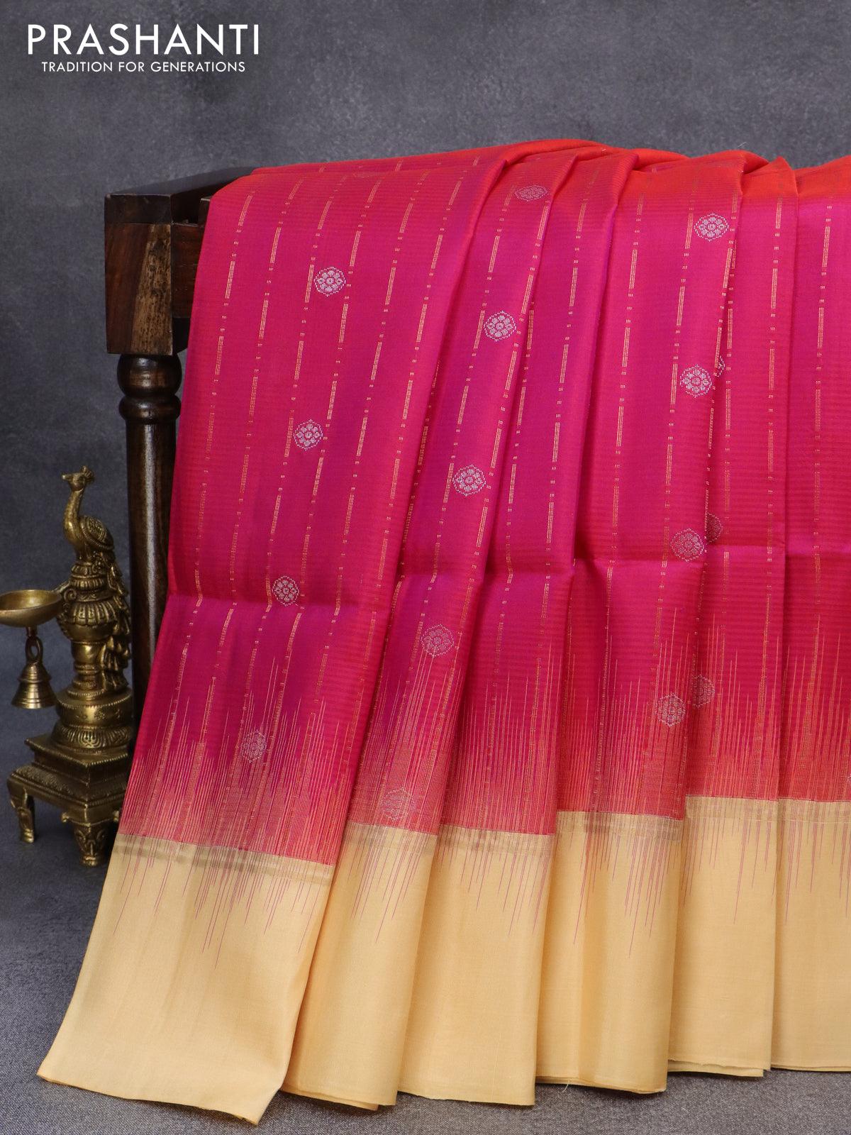 Pure soft silk saree dual shade of pink and sandal with allover silver & copper zari weaves and copper zari woven simple border