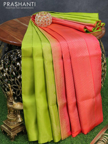 Pure soft silk saree light green and dual shade of pinkish orange with allover zari weaves in borderless style