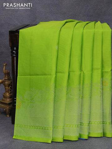 Pure soft silk saree light green and light blue with silver zari woven buttas and rich silver zari woven border