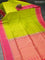 Pure soft silk saree lime green and dual shade of pinkish orange with plain body and zari woven checked border