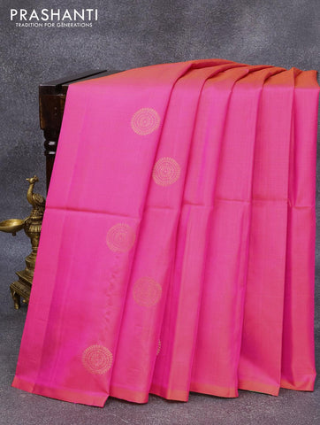 Pure soft silk saree pink and dual shade of green with zari woven buttas in borderless style