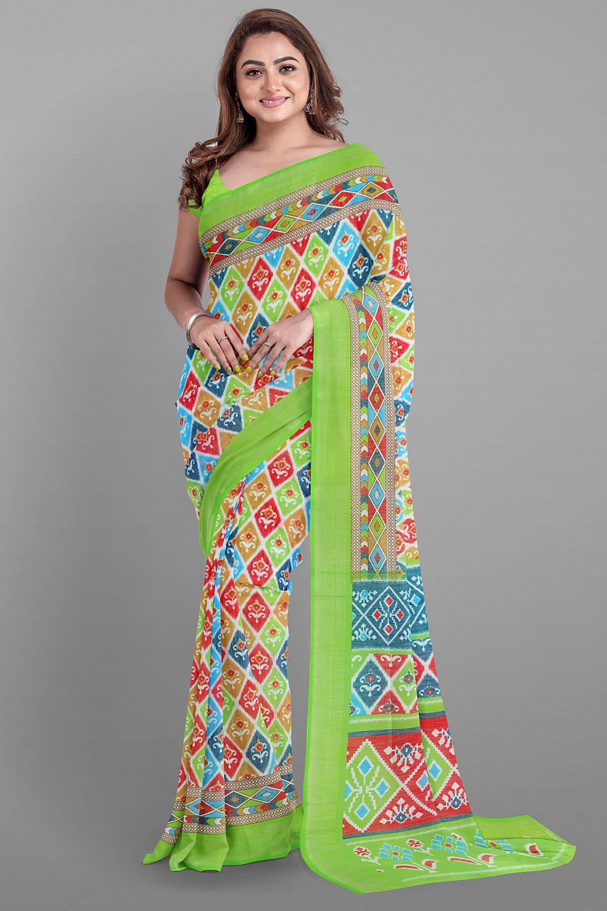 MULTI and GREEN GEOMETRIC LINEN Saree with FANCY