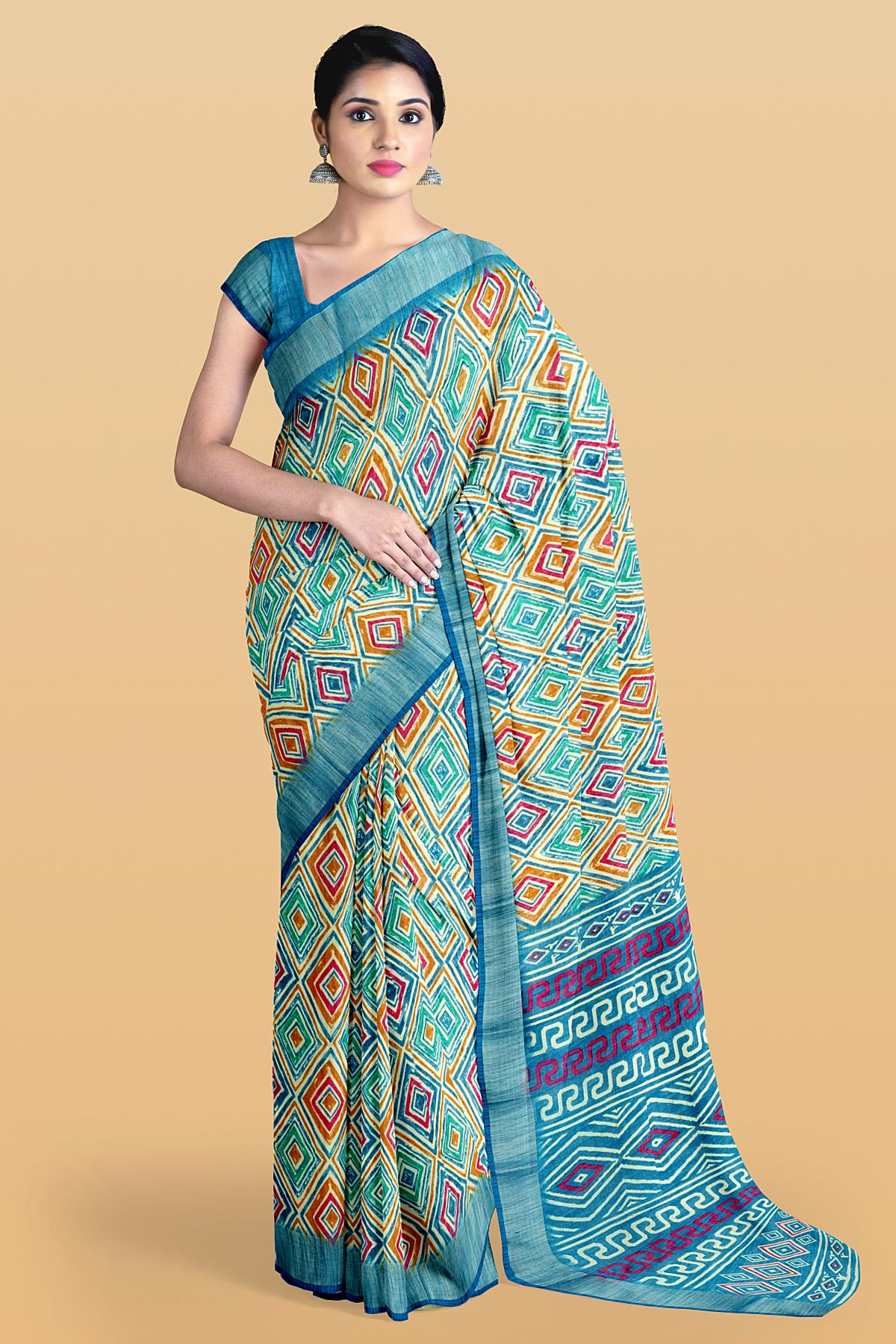 MULTI and DARK BLUE SHIBORI PRINT LINEN Saree with FANCY