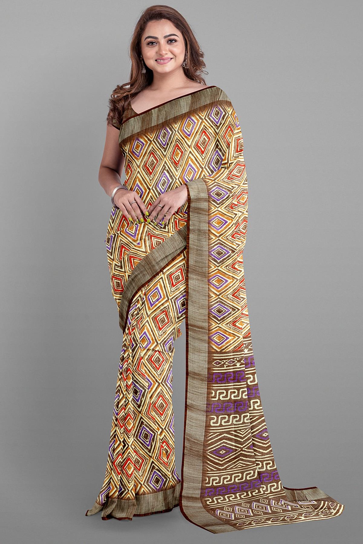 MULTI and DARK BROWN SHIBORI PRINT LINEN Saree with FANCY