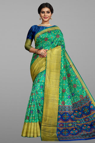 SEA GREEN and MULTI IKKAT PRINT SILK Saree with IKAT