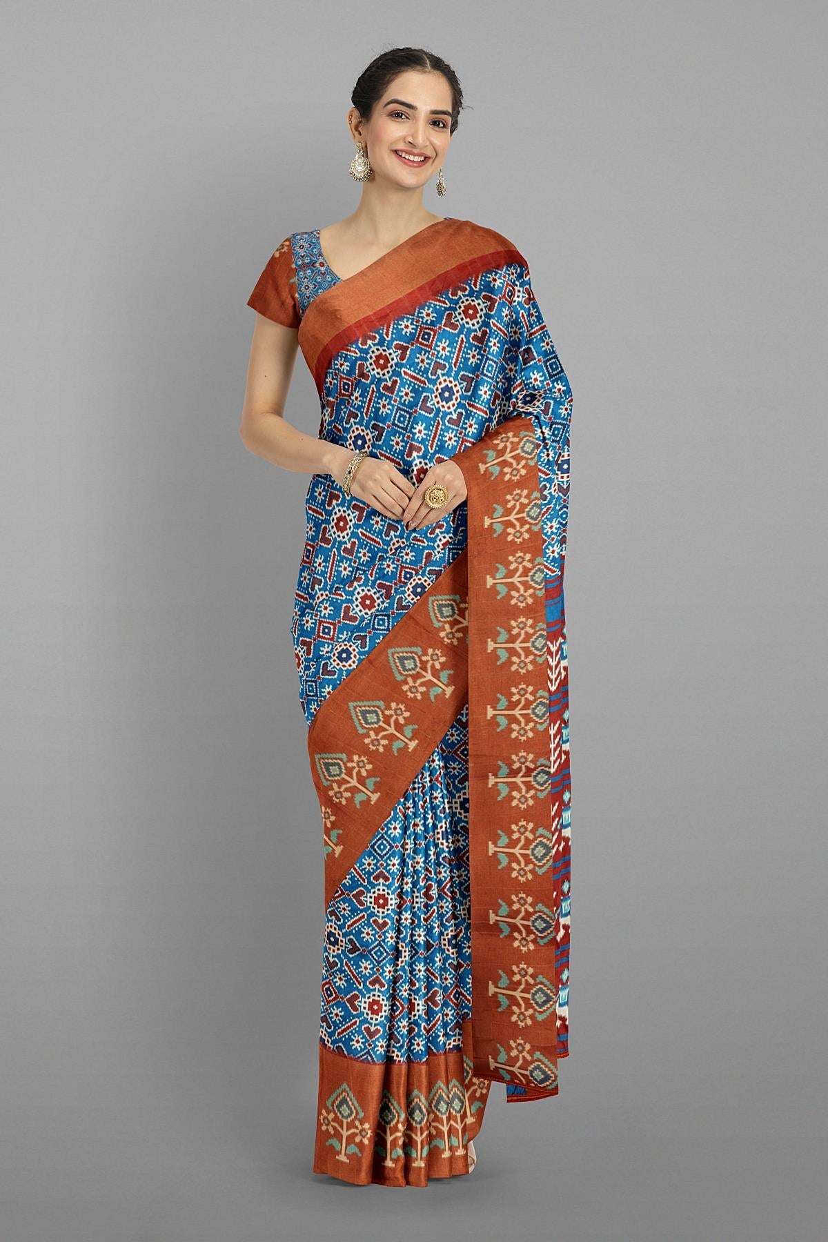 DARK BLUE AND RUST IKKAT PRINT SILK SAREE WITH FANCY