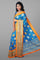 BLUE AND MUSTARD KALAMKARI PRINT SILK SAREE WITH FANCY