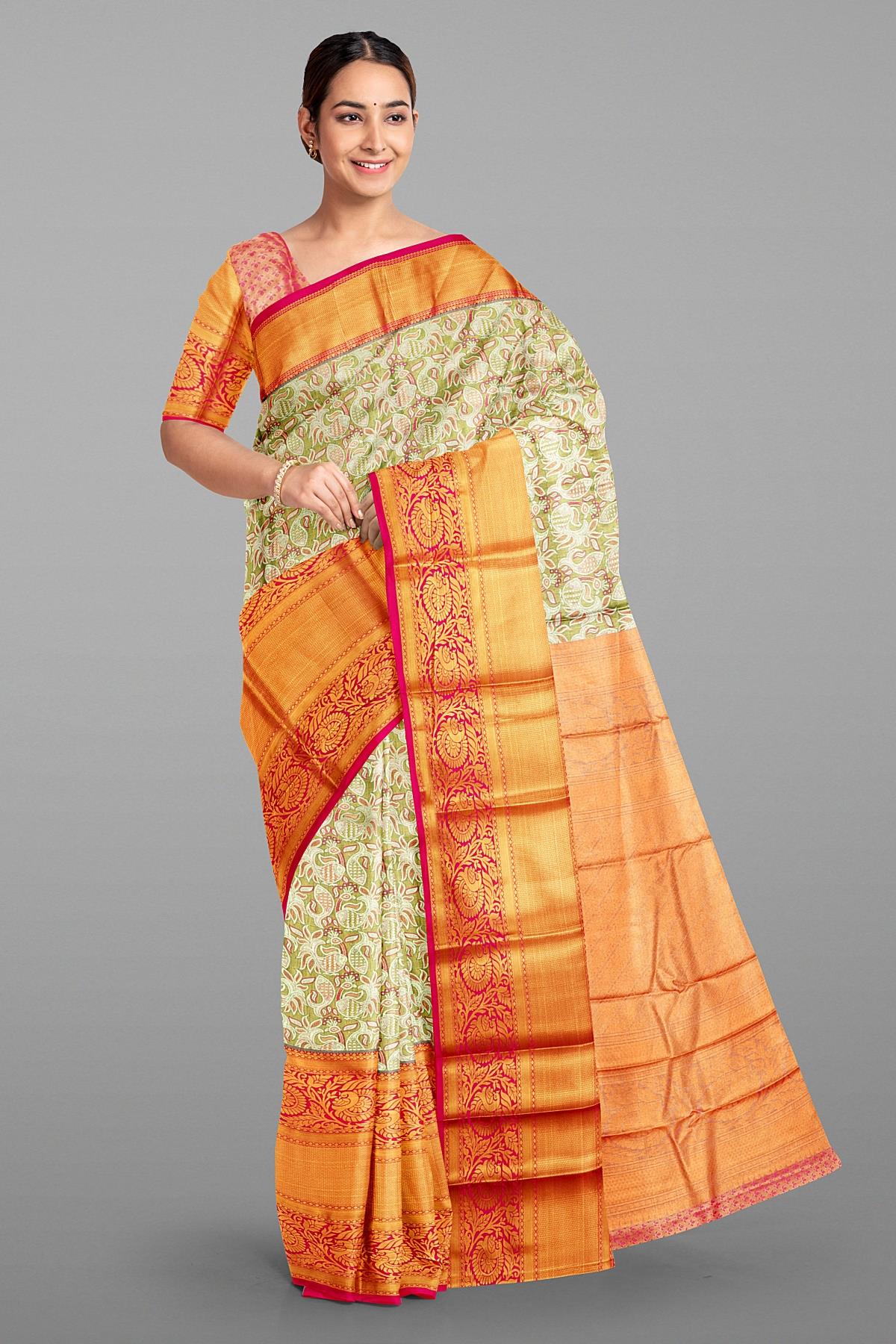 OLIVE GREEN and PINK BROCADE SILK Saree with KANCHIPURAM