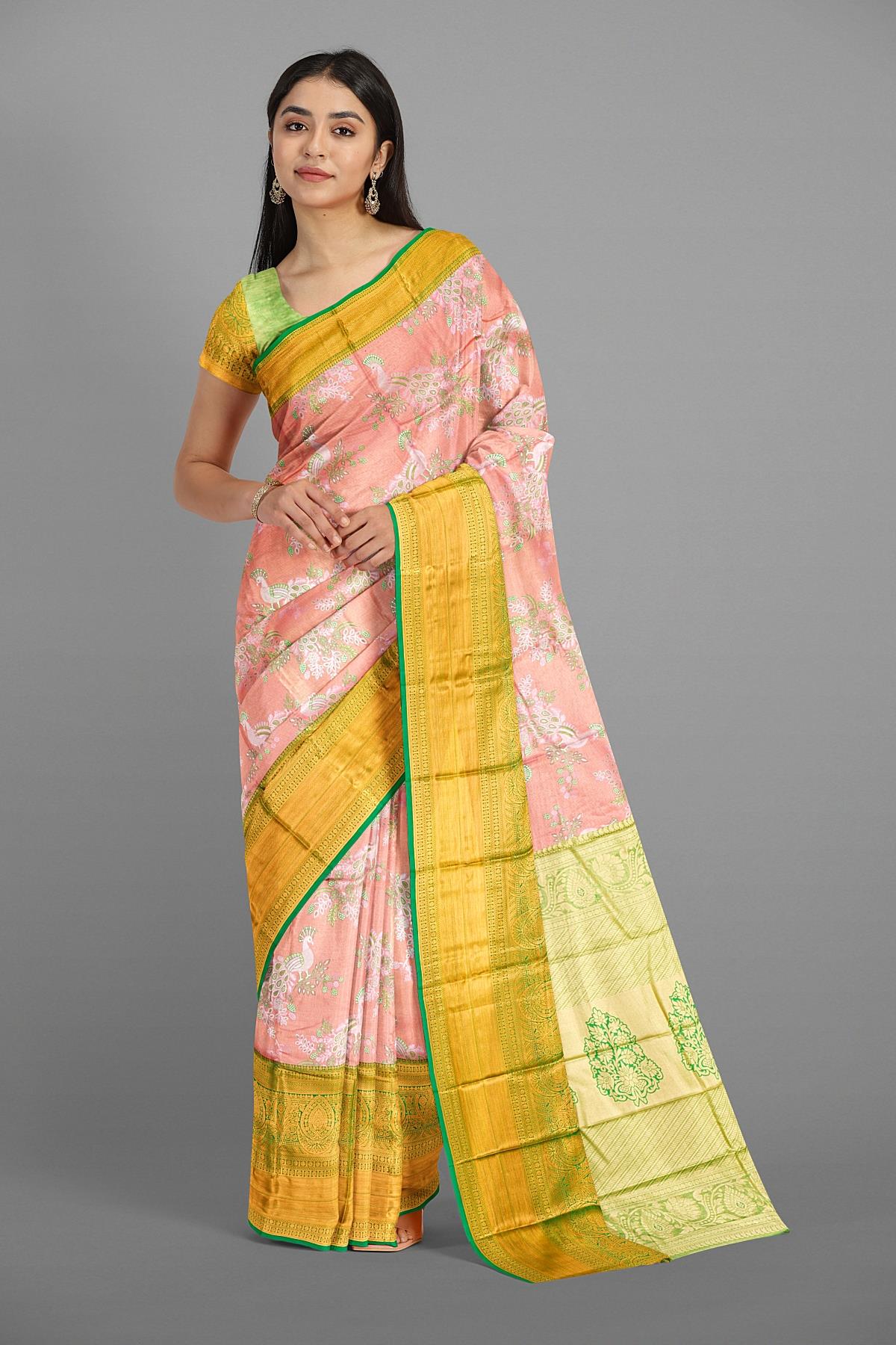 PEACH and GREEN BROCADE SILK Saree with KANCHIPURAM