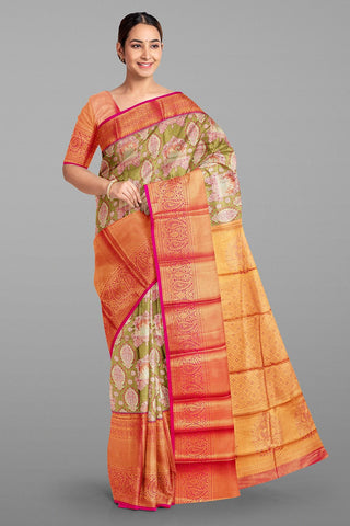 OLIVE GREEN and PINK BROCADE SILK Saree with KANCHIPURAM