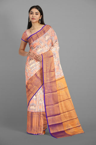 PEACH and ROYAL BLUE BROCADE SILK Saree with KANCHIPURAM