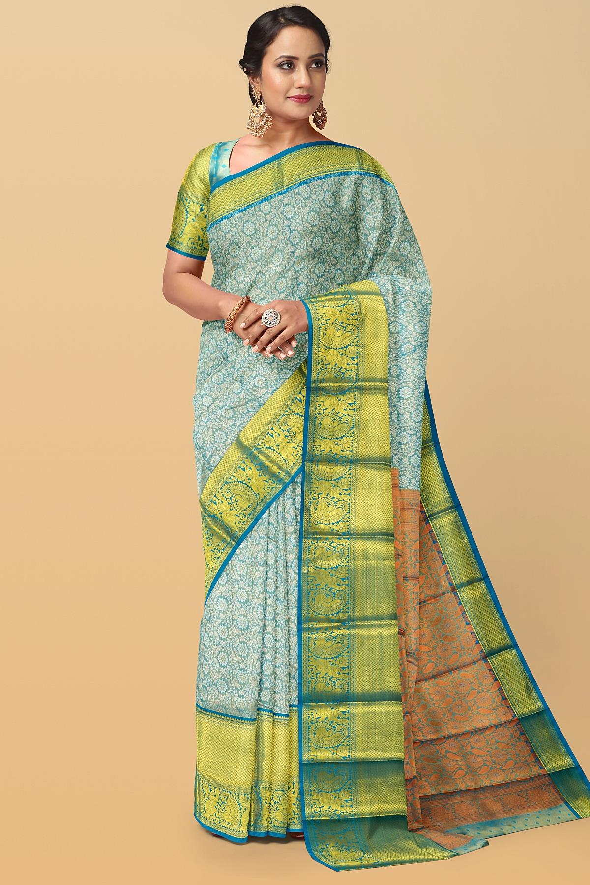 SEA BLUE and BLUE BROCADE SILK Saree with KANCHIPURAM