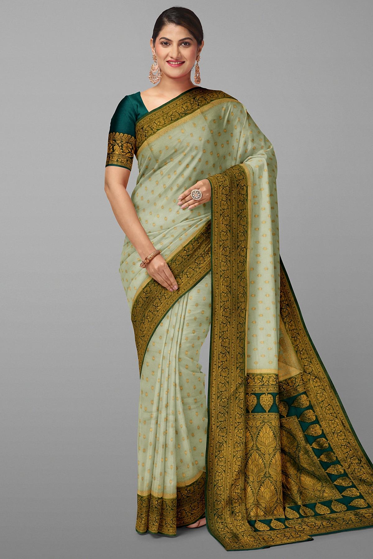 LIGHT GREY and DARK GREEN BUTTIS VISCOSE Saree with FANCY