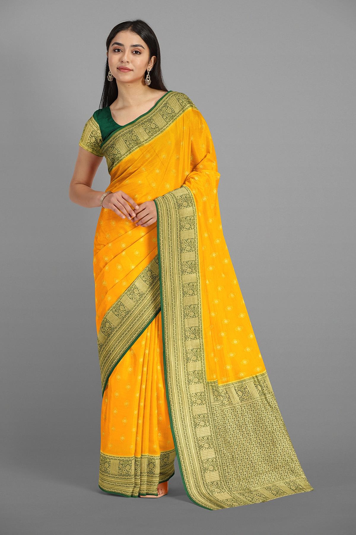 YELLOW and DARK GREEN BUTTIS VISCOSE SILK Saree with BANARASI FANCY