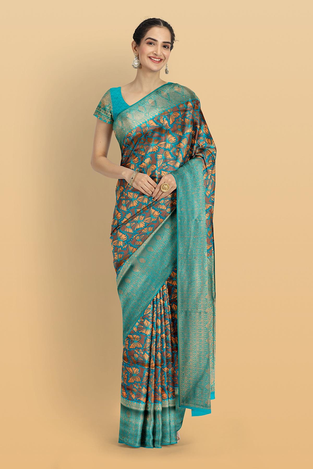 PURPLE and TEAL BUTTERFLY PRINT SILK Saree with BANARASI FANCY