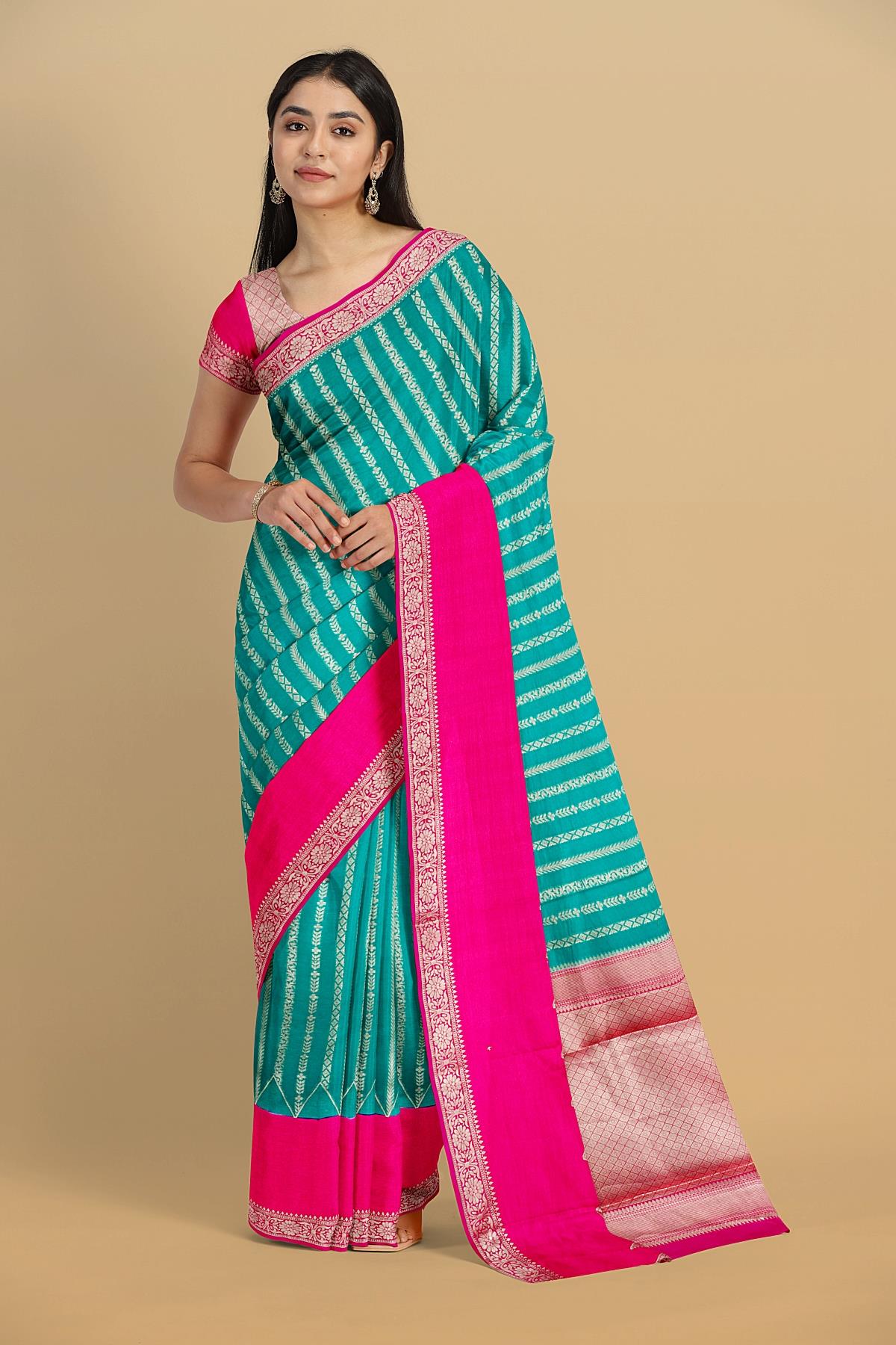 TEAL and MAGENTA JAAL VISCOSE Saree with BANARASI FANCY