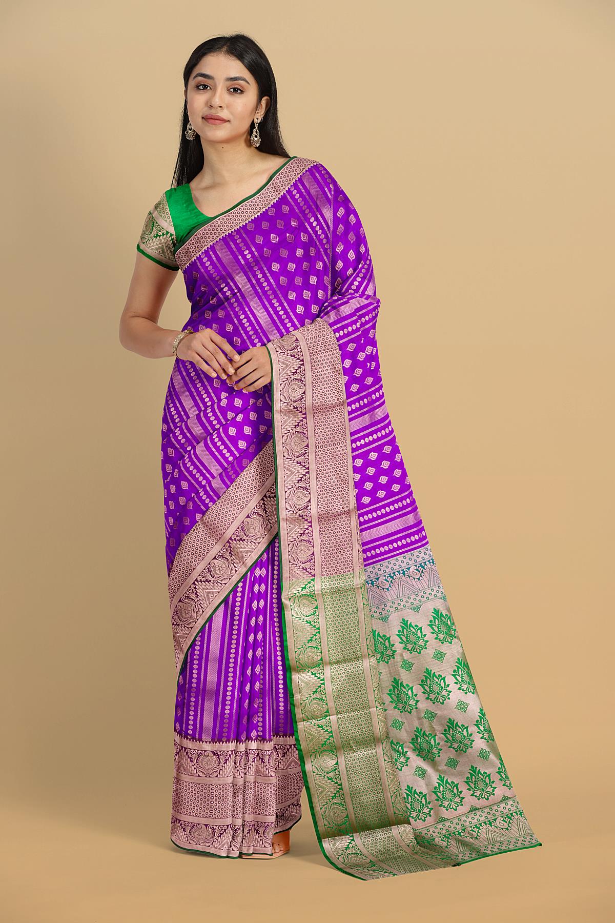 PURPLE and DARK GREEN FLORAL JAAL SILK Saree with BANARASI FANCY