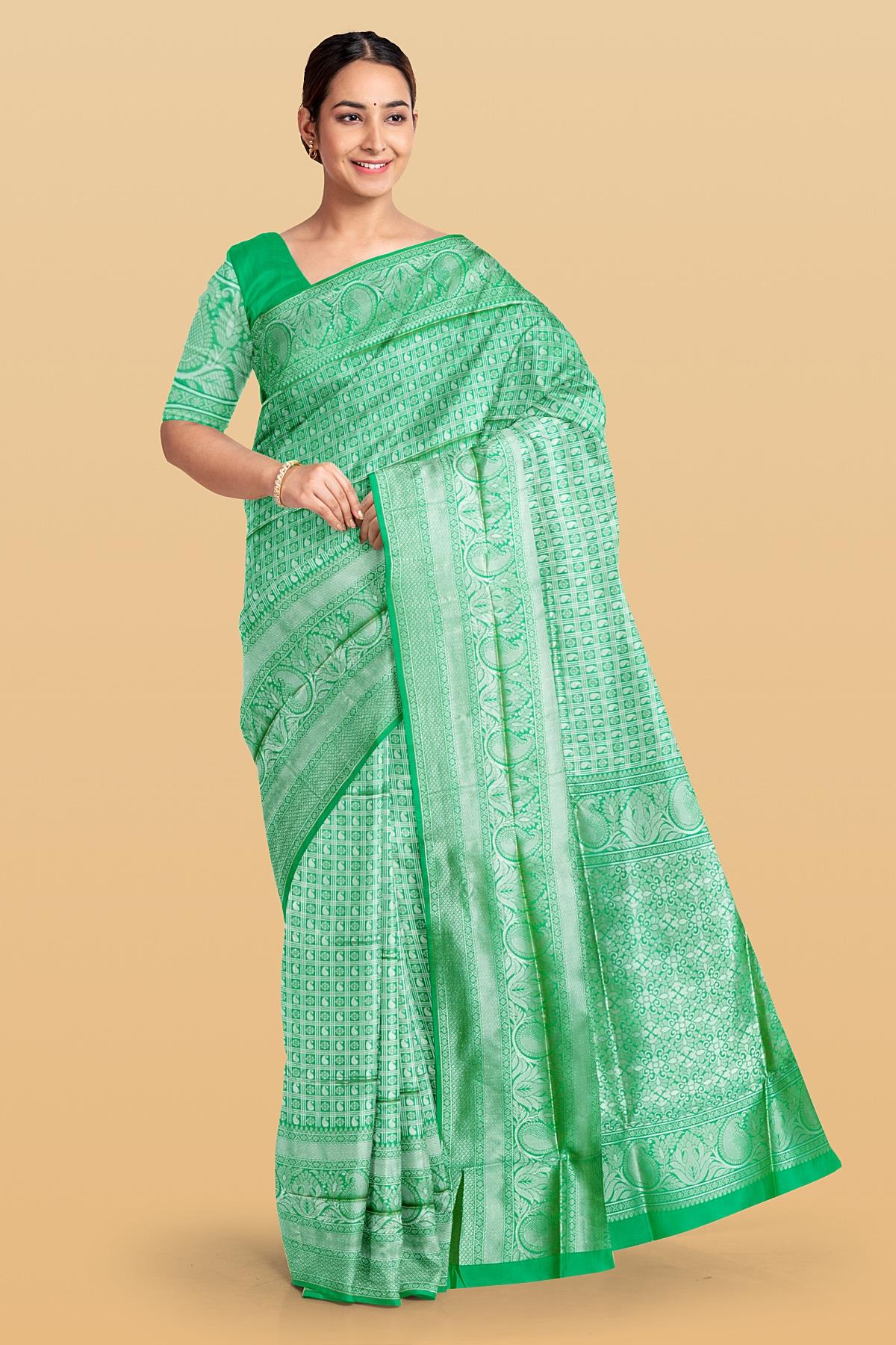 GREEN and SILVER CHECKS AND BUTTIS SILK Saree with BANARASI FANCY