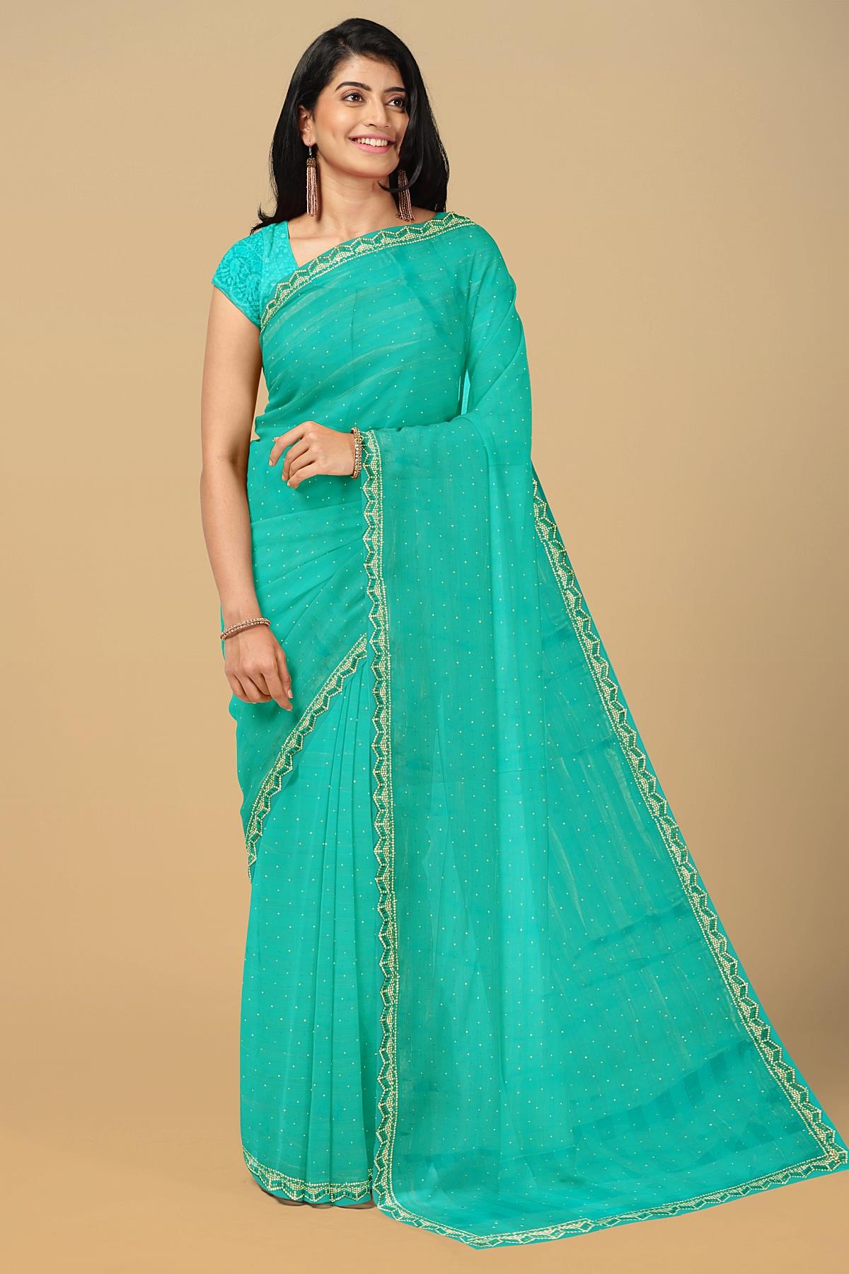 SEA GREEN and SILVER STRIPES SHIMMER CHIFFON Saree with FANCY