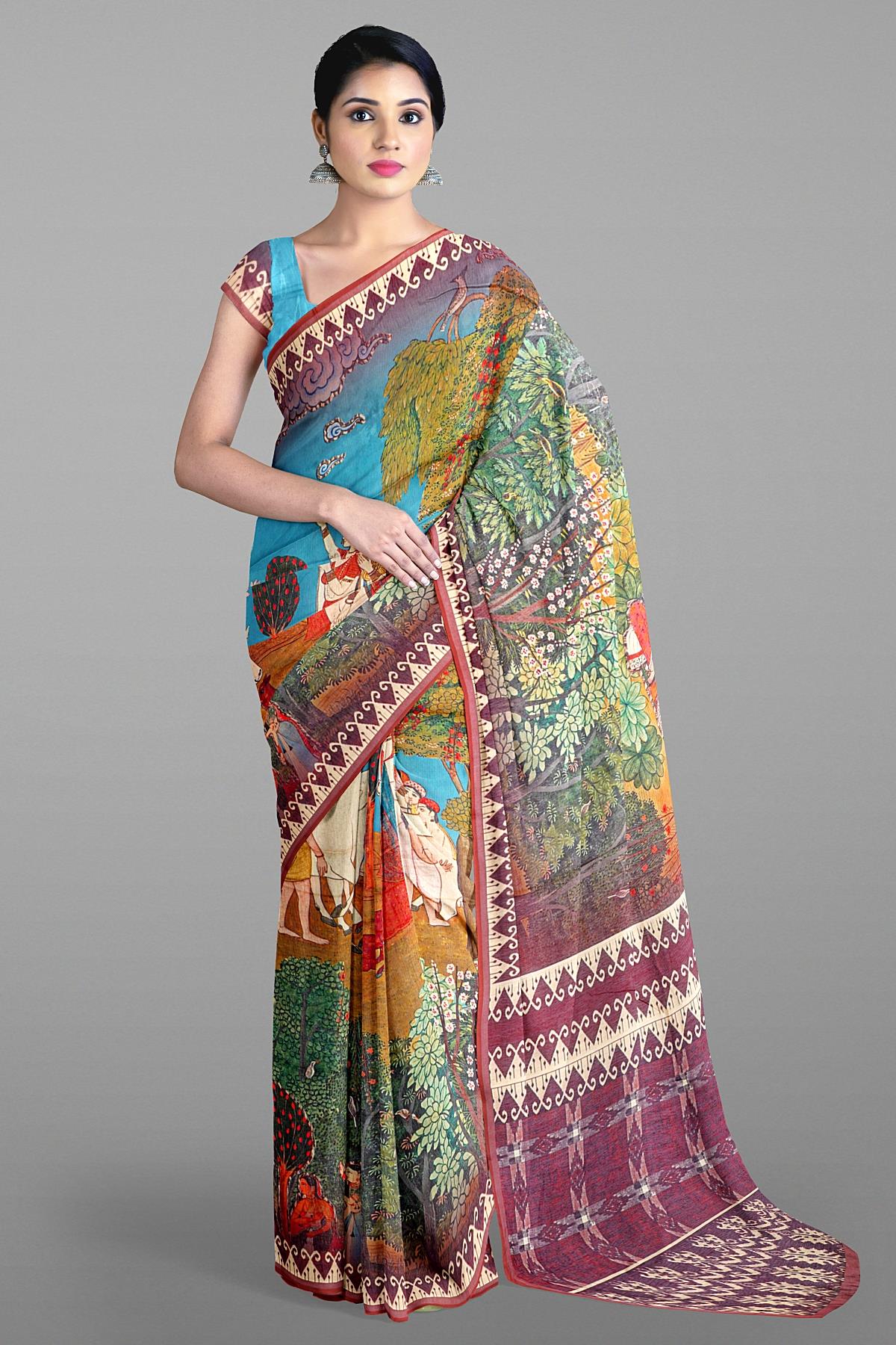 MULTI and PURPLE FLORALS & FIGURES SILK Saree with FANCY