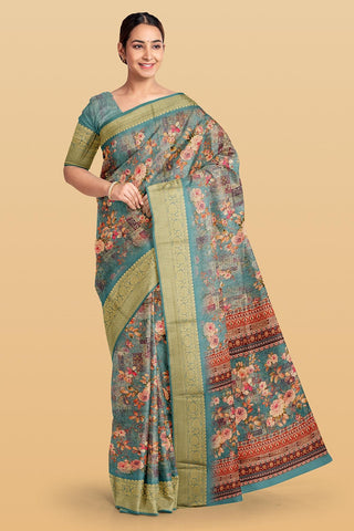 SLATE GREY and GOLD FLORALS SILK Saree with FANCY