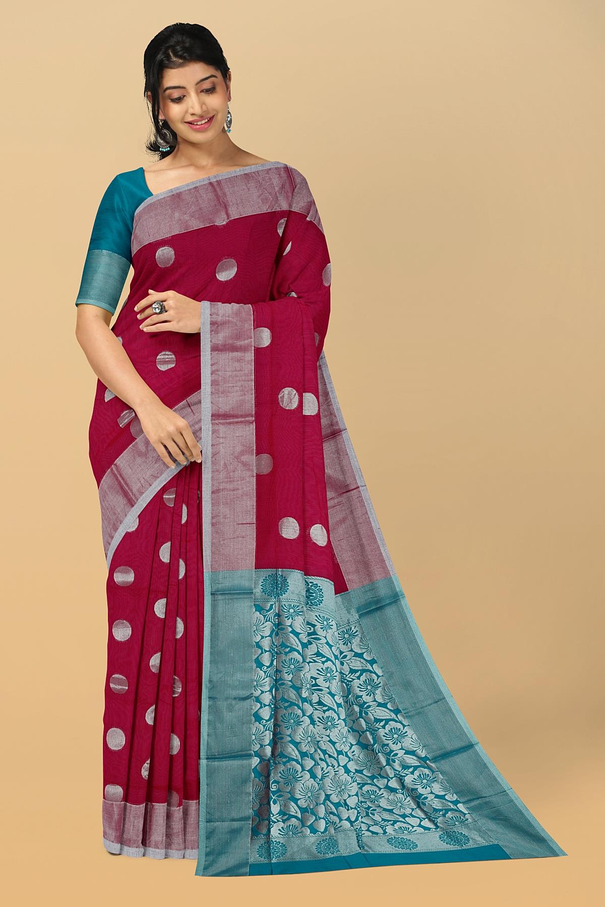 MAGENTA and TEAL POLKA DOTS SICO Saree with CHIRALA