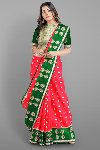 RED and DARK GREEN BUTTIS SILK Saree with FANCY