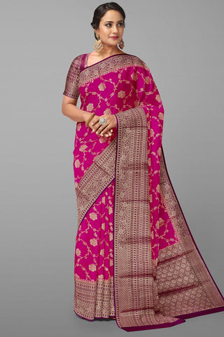 MAGENTA and VIOLET FLORAL JAAL SILK Saree with FANCY