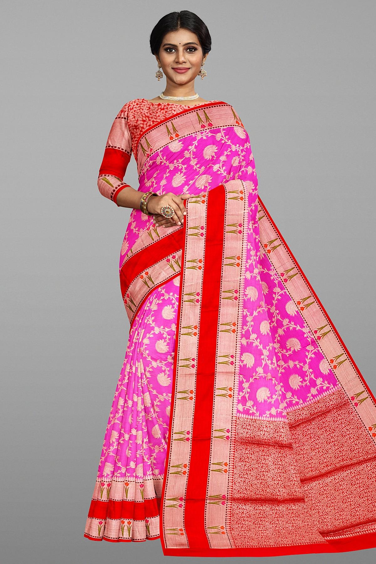 LIGHT PINK and RED FLORAL JAAL SILK Saree with FANCY