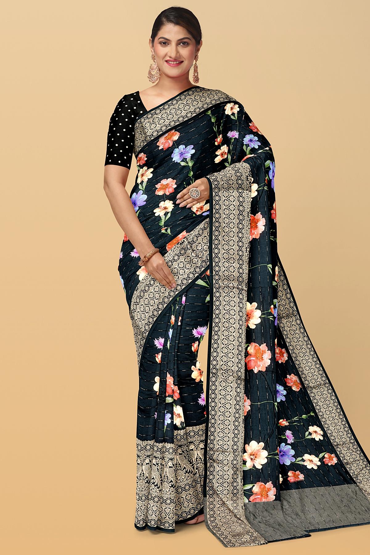 BLACK and GOLD FLORALS DOLA SILK Saree with FANCY