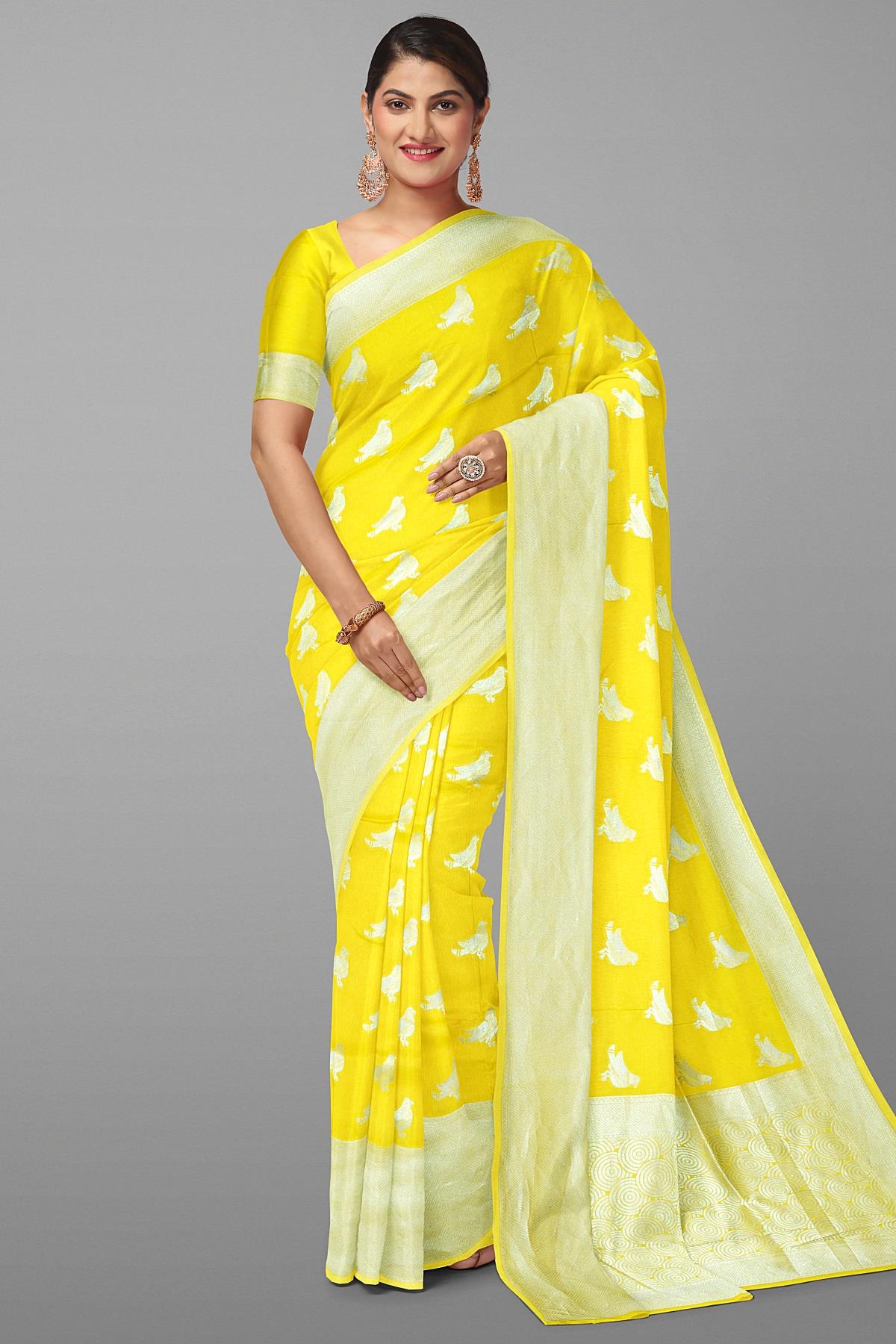 LIGHT YELLOW and SILVER BIRDS FIGURE WEAVING SILK Saree with FANCY