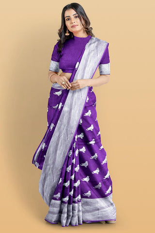 VIOLET and SILVER BIRDS FIGURE WEAVING SILK Saree with FANCY