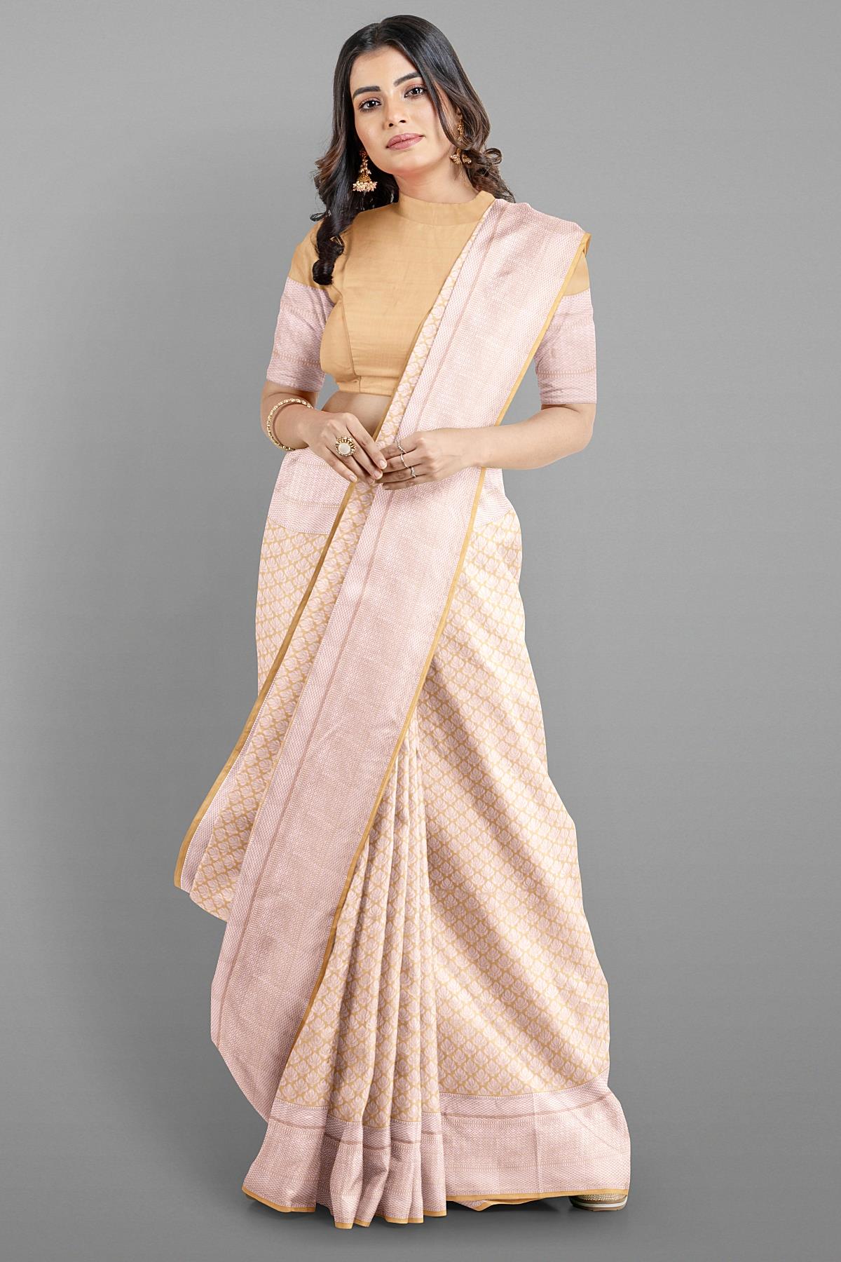 BEIGE and SILVER FLORALS SILK BLEND Saree with SEMI PATTU