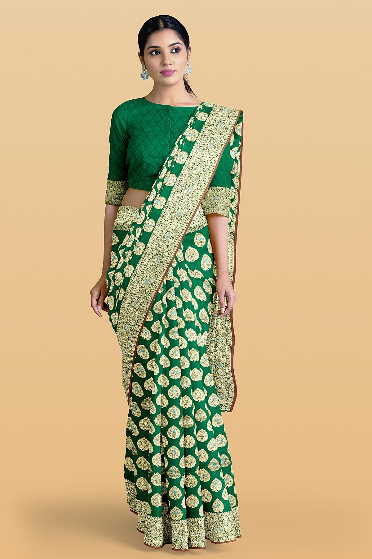 GREEN and GOLD BUTTIS SILK BLEND Saree with SEMI PATTU
